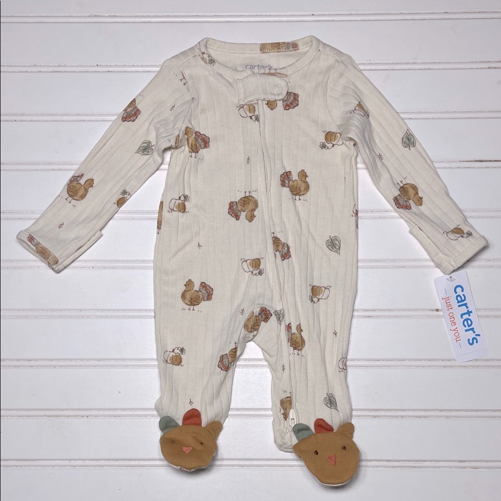 CARTERS NWT Ribbed Sad Beige Fall Thanksgiving Turkey Zip Up Footie Pajamas